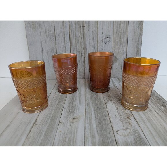 Vintage Dugan Lattice and Daisy Tumbler Marigold Carnival Glasses 4 1/4" Set 4 - Picture 1 of 8
